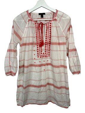 J Crew White Red Stripe Peasant Tunic Top Size S Boho Embroidered Blouse